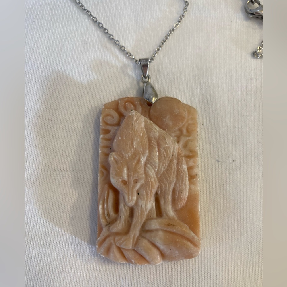 Hand Carved Wolf on Stone Stainless Steel Pendant Necklace Wild